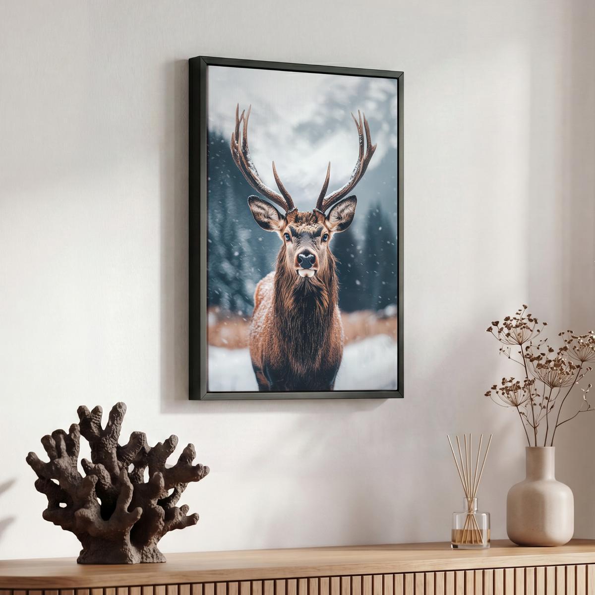 LEINWAND Bilder mit Rahmen - Hirsche - Tiere - Landschaft - Winter - Schnee - 30x40 - Kastanienfarben, Textil (30/40cm) - MuchoWow
