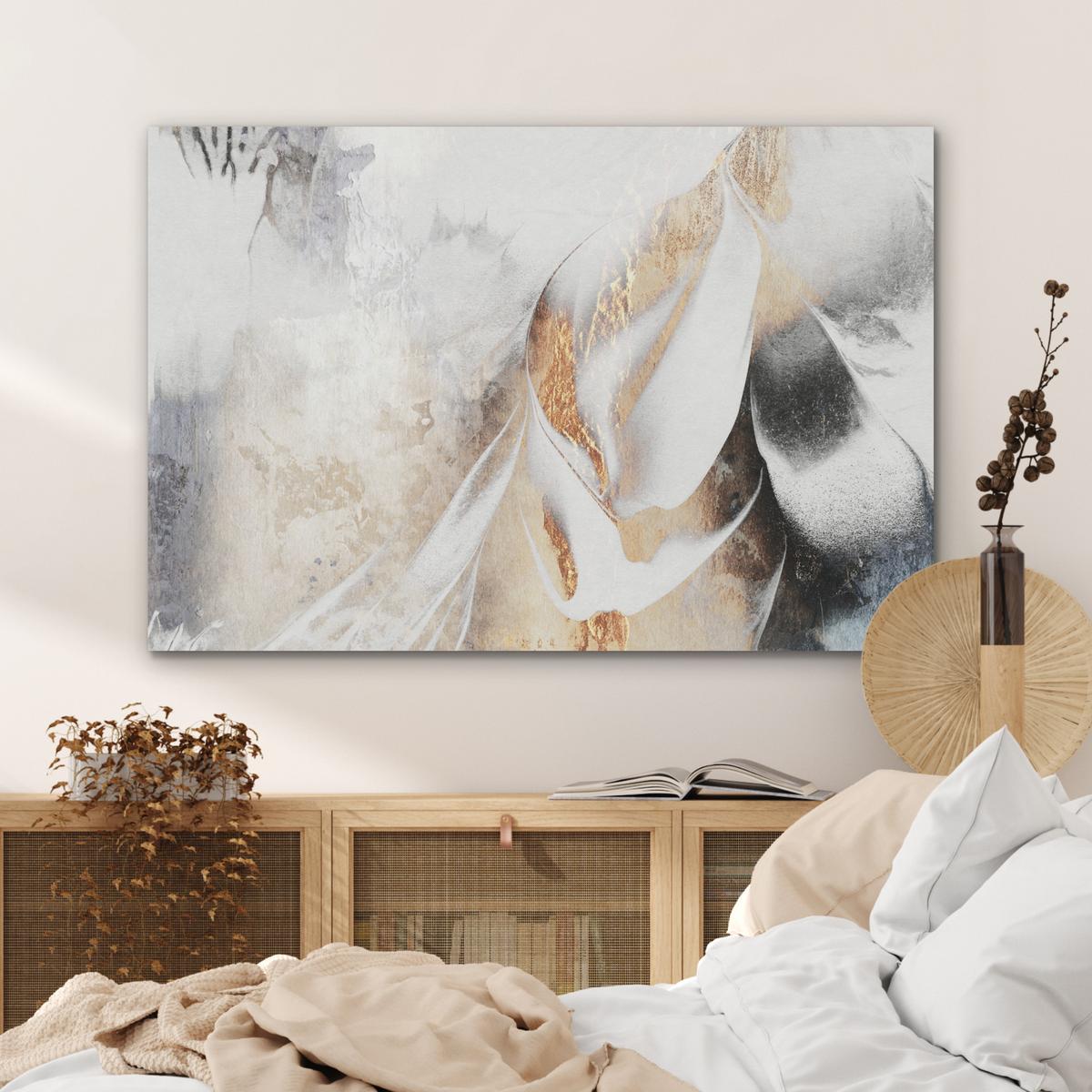 AKUSTIKBILD Luxus - Abstrakt - Gold - Weiß Wandbild Wohnzimmer 100x70 cm - Goldfarben, Kunststoff (100/70/0.9cm) - MuchoWow