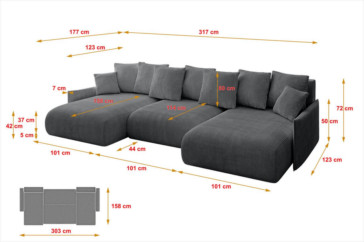 WOHNLANDSCHAFT mit Schlaffunktion und Bettkasten ONESK-U-v1 317x177x72 Dunkelgrau Cord - Dunkelgrau, Holzwerkstoff/Kunststoff (317/72/177cm) - ALTDECOR