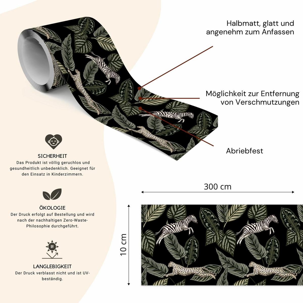 TAPETENBORDÜRE selbstklebend wilde TIERE Tropische Blätter Pflanzen - Beige/Schwarz, Papier (10/300/300cm) - Muralo