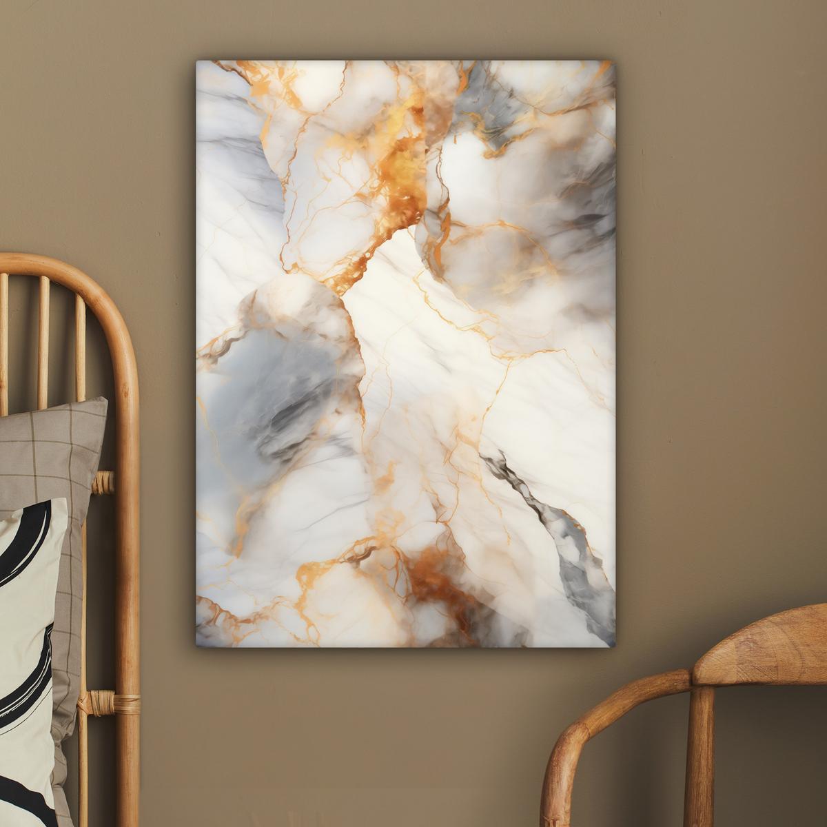 LEINWANDBILD Marmor - Grau - Gold Wandbild Wohnzimmer 60x80 cm - Weiß, Textil (60/80cm) - MuchoWow