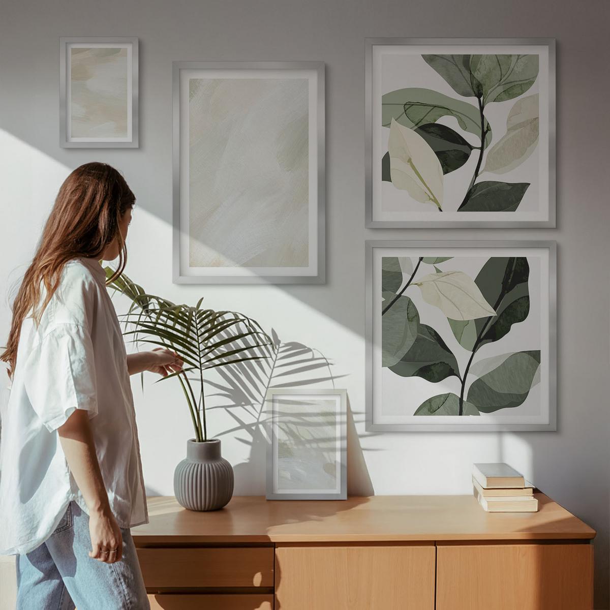 BILDER SET 5er Set - 50x50 cm & 20x30 cm & 40x60 cm Silberner Rahmen - Leuchtende, abstrakte Boho-Farben - Silberfarben, Kunststoff (40/60cm) - TULUP