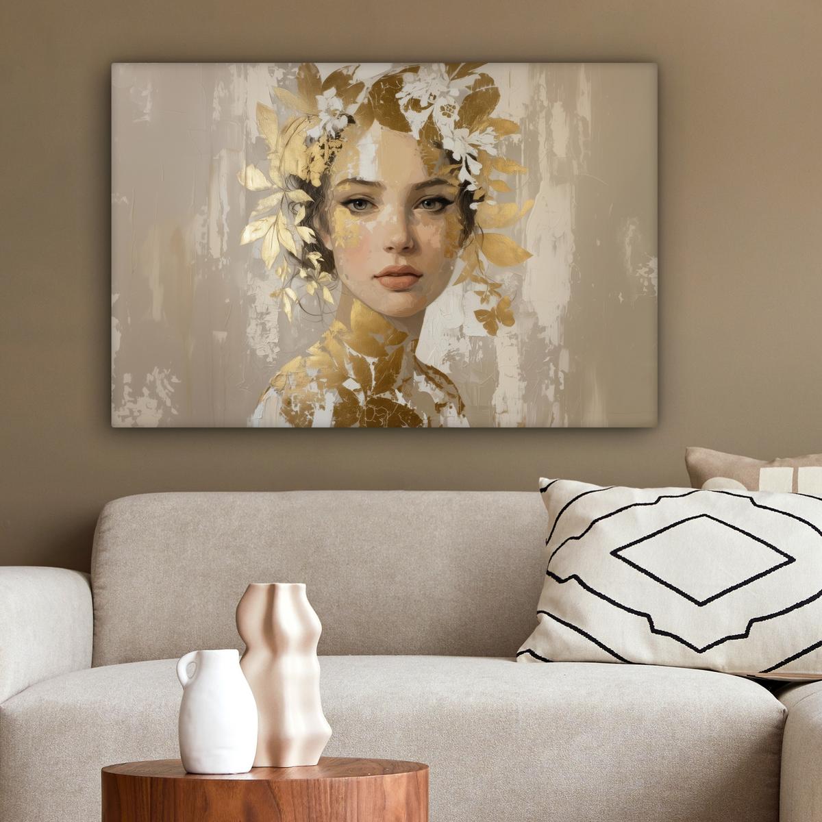 LEINWANDBILD Gesicht - Frau - Blätter - Gold Gemälde 60x40 cm - Beige, Textil (60/40cm) - MuchoWow