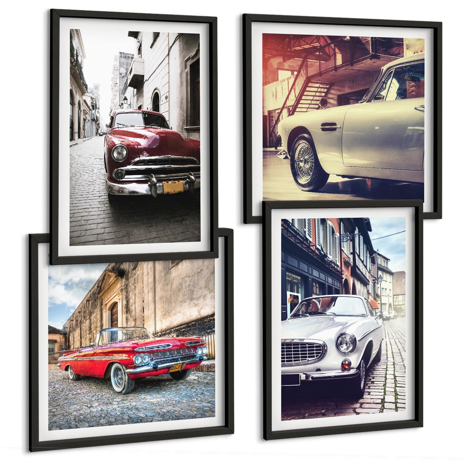 BILDER SET 4er Set - 50x50 cm & 40x60 cm Schwarzer Rahmen - Oldtimer in Städten - Schwarz, Kunststoff (50/50cm) - TULUP