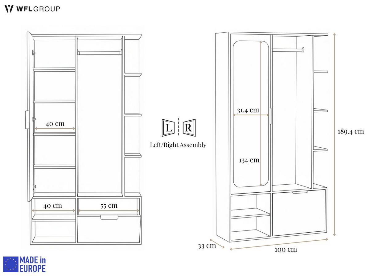 GARDEROBE Mela mit Spiegel, Sitzbank & Kleiderstange – 100/189/33 cm – Eiche Hellbraun - Eichefarben/Schwarz, Holzwerkstoff/Metall (100/189.4/33cm) - WFL GROUP