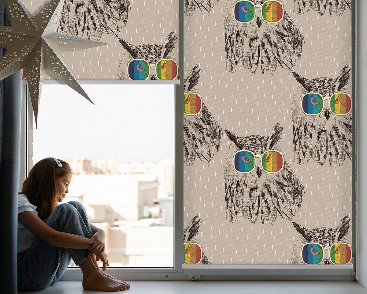 INNENROLLO - Fensterrollo - Rollo - 150x180 cm - Eulen in Buntgläsern - Gelb, Kunststoff (150/180/0.5cm) - TULUP
