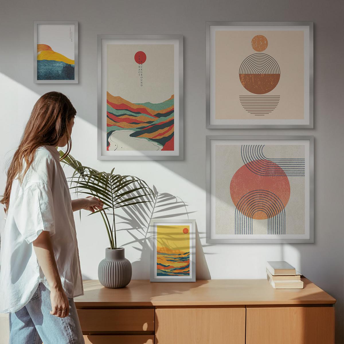 BILDER SET 5er Set - 50x50 cm & 20x30 cm & 40x60 cm Silberner Rahmen - Abstrakte Berglandschaften - Silberfarben, Kunststoff (40/60cm) - TULUP
