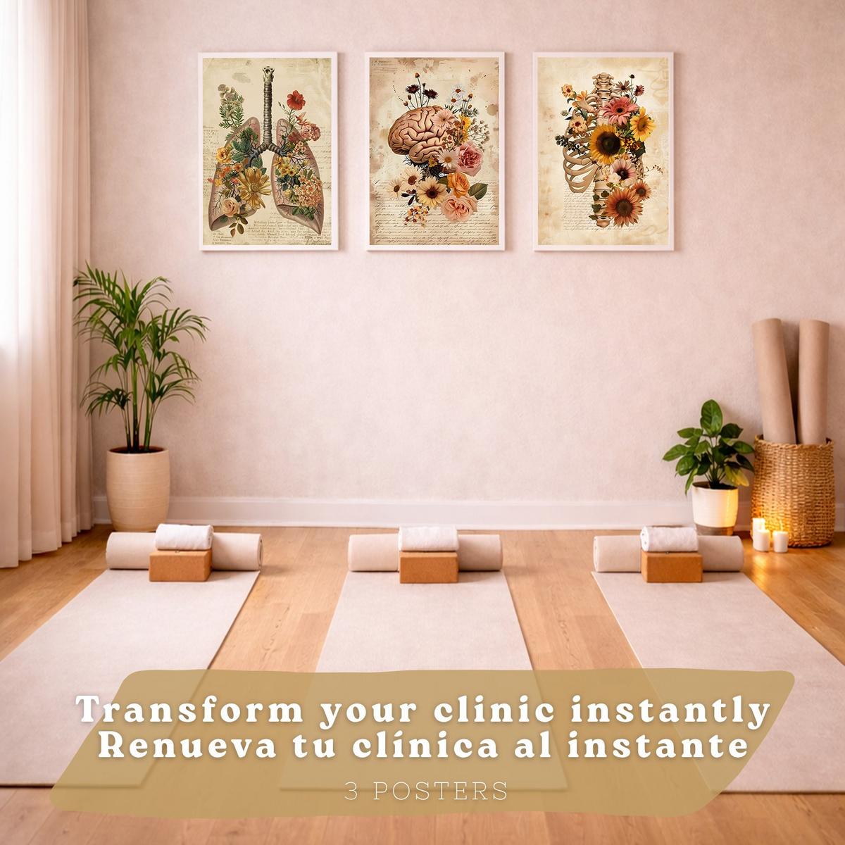 POSTER Set aus 3 Anatomie Mensch Vintage Florale Drucke und Wandbilder mit Lungen Brustkorb und Gehirn Botanischer Antiker Stil Größe Weißer Rahmen A4 - Weiß, Papier (21/29.7/3cm) - Nacnic