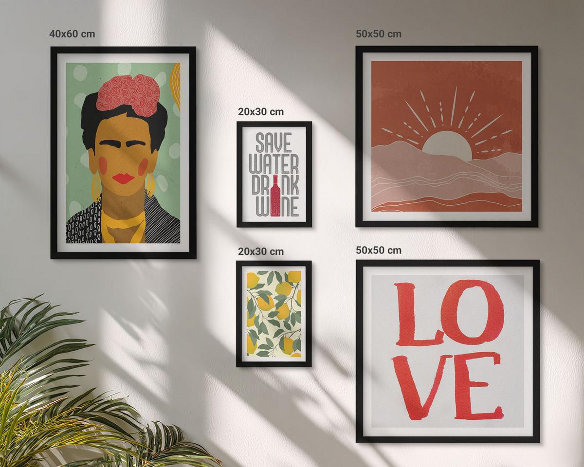 BILDER SET 5er Set - 50x50 cm & 20x30 cm & 40x60 cm Schwarzer Rahmen - Zitronen Inschrift Liebeslandschaft Frida - Schwarz, Kunststoff (40/60cm) - TULUP