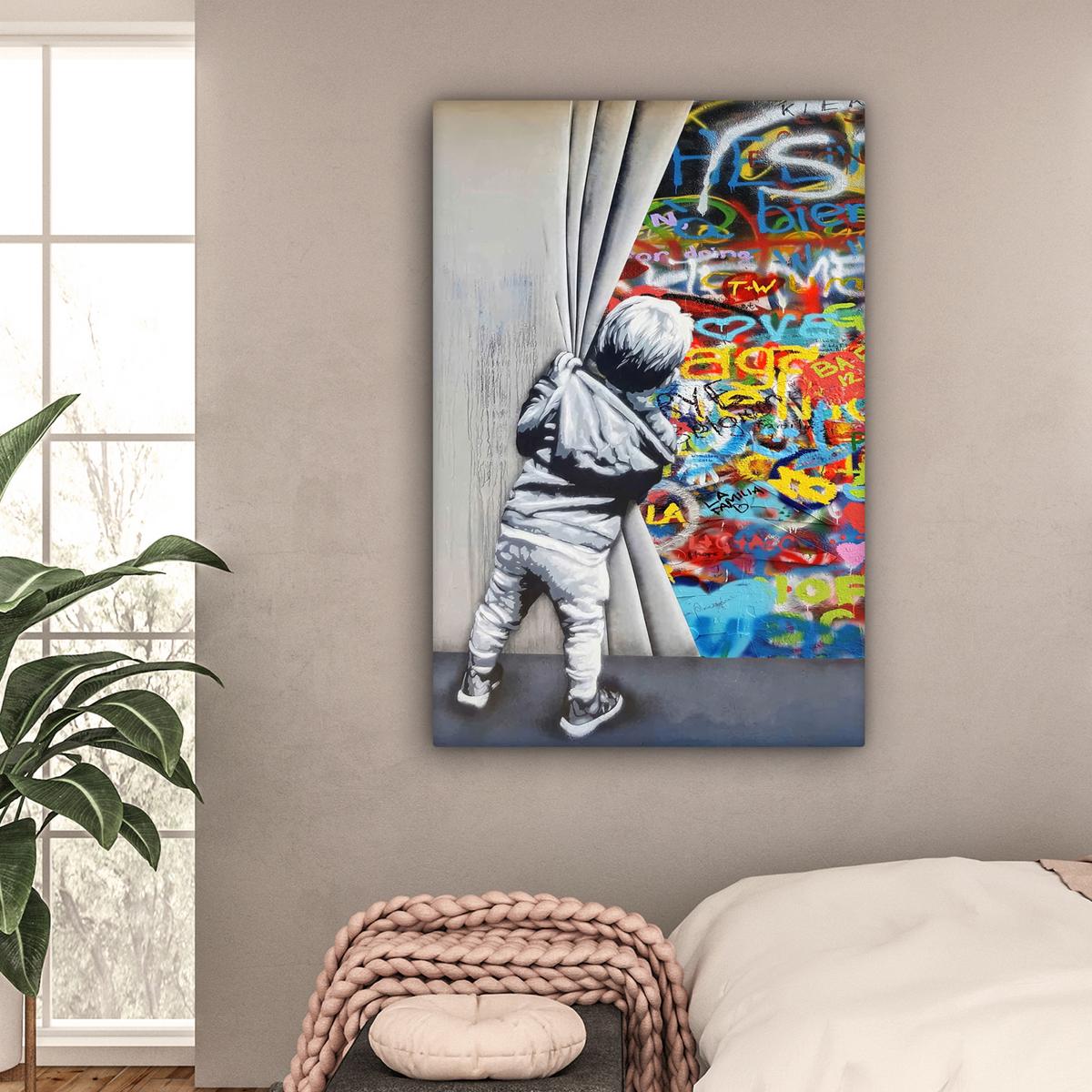 LEINWANDBILD Graffiti - Junge - Ilussie - Straßenkunst Deko Groß 90x140 cm - Hellgrau, Textil (90/140cm) - MuchoWow