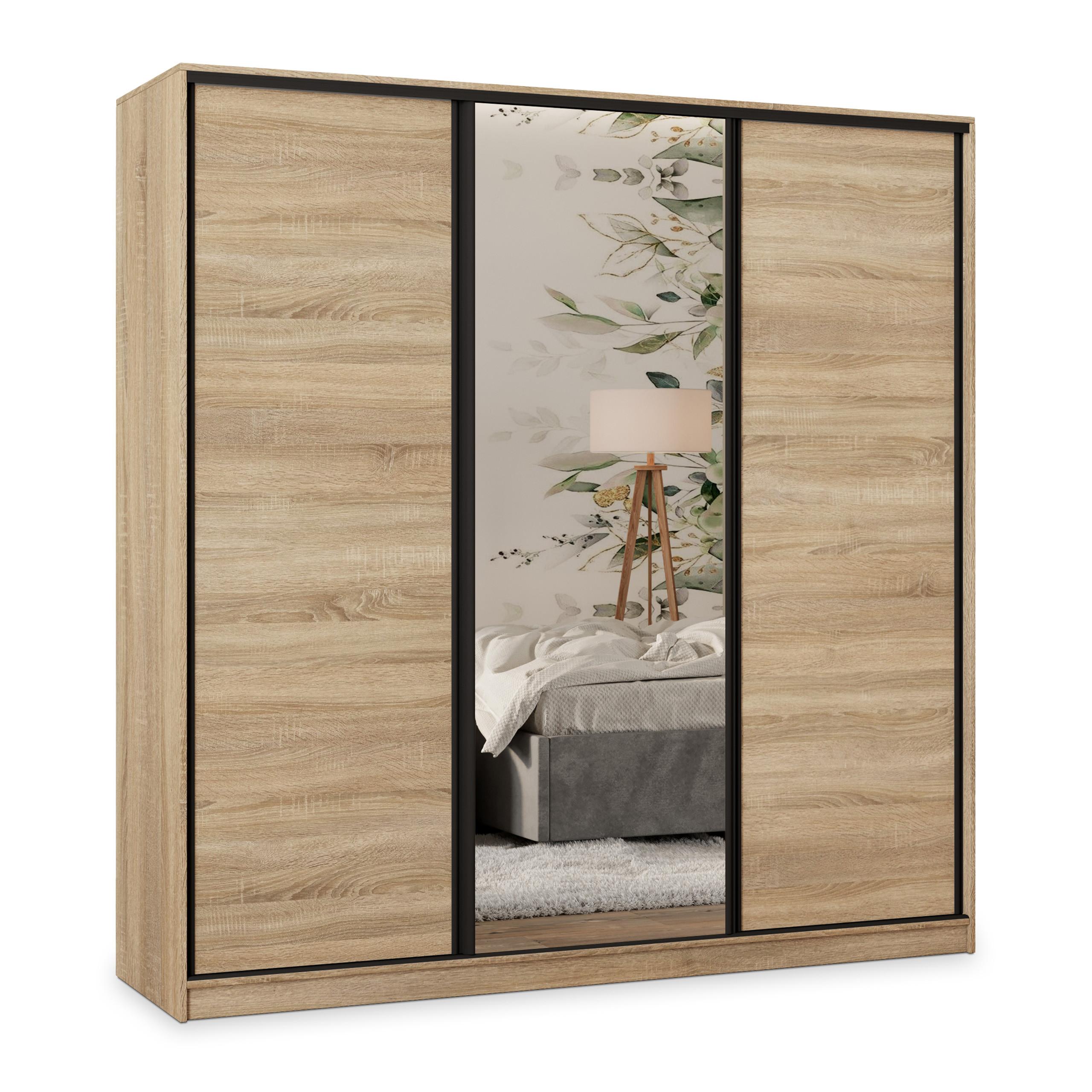 SCHWEBETÜRENSCHRANK TARI 200/205/58 cm 3-türig mit Spiegel und 4 Schubladen Sonoma Eiche - Sonoma Eiche, Holzwerkstoff (200/205/58cm) - MASSENO