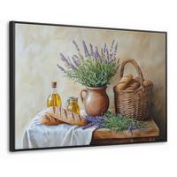 LEINWAND Bilder mit Rahmen - Lavendel - Brot - Stilleben - 90x60 - Flieder, Textil (90/60cm) - MuchoWow