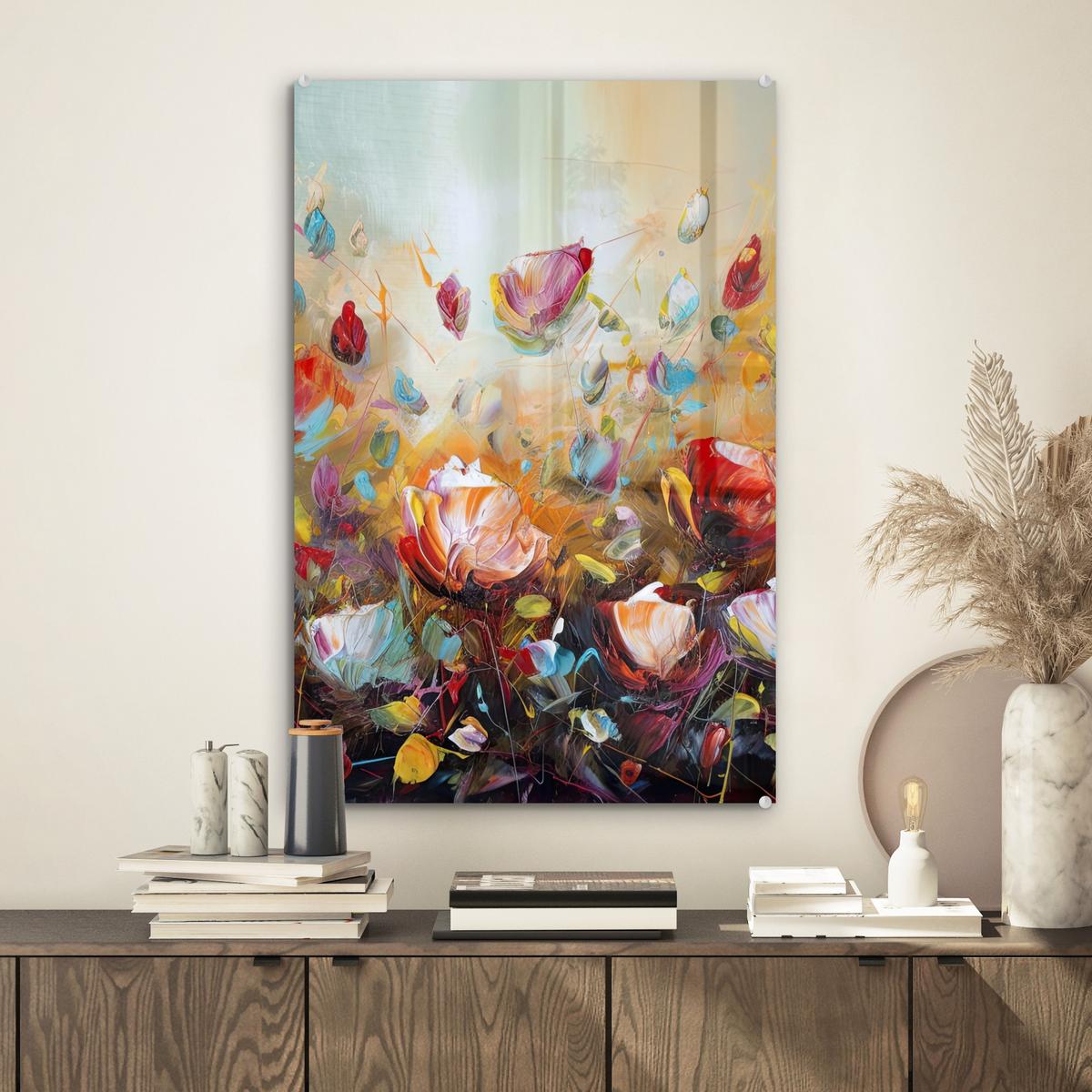ACRYLGLASBILD Blumen - Kunst - Natur - Ölgemälde Wanddeko Wohnzimmer 40x60 cm - Multicolor, Glas (40/60cm) - MuchoWow