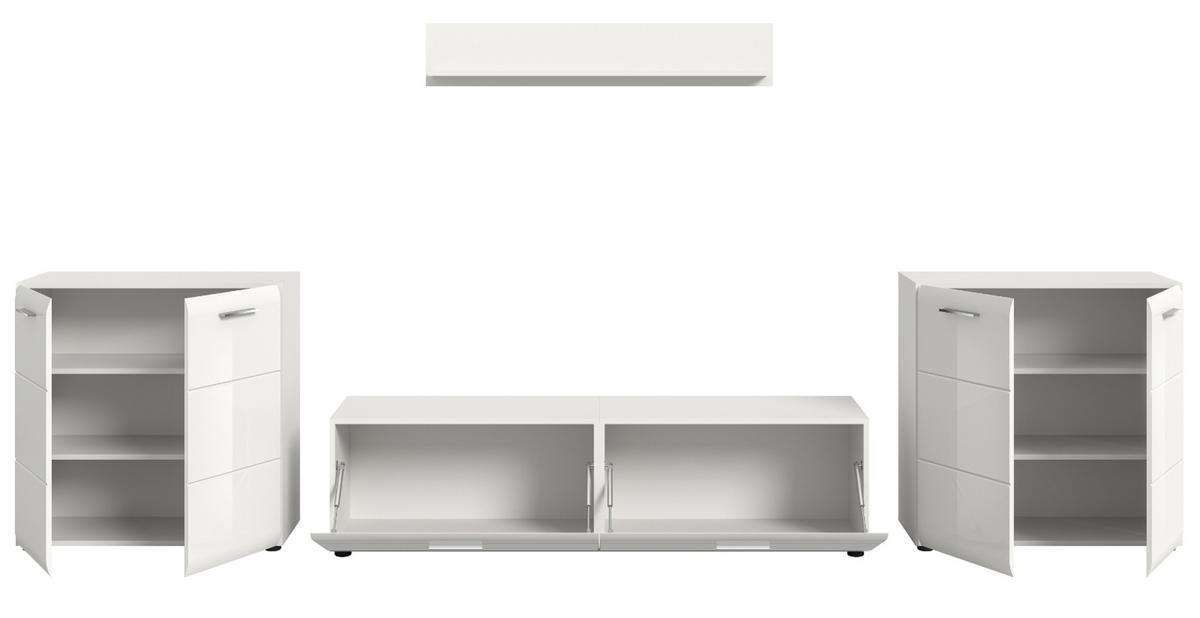 WOHNWAND weiß Hochglanz 4-teilig 350 cm, Schrankwand mit viel Stauraum - Weiß Hochglanz/Silberfarben, Glas/Holzwerkstoff (350/160/41cm) - Inn.Furn