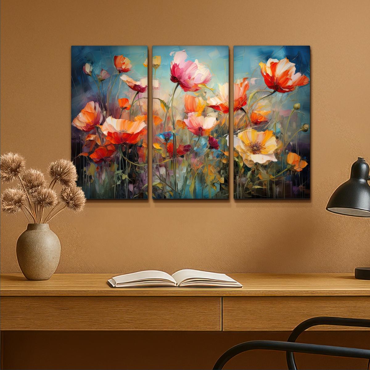 LEINWANDBILD 3er Set Blumen - Bunt - Abstrakt 90x60 cm - Blaugrau, Textil (90/60cm) - MuchoWow