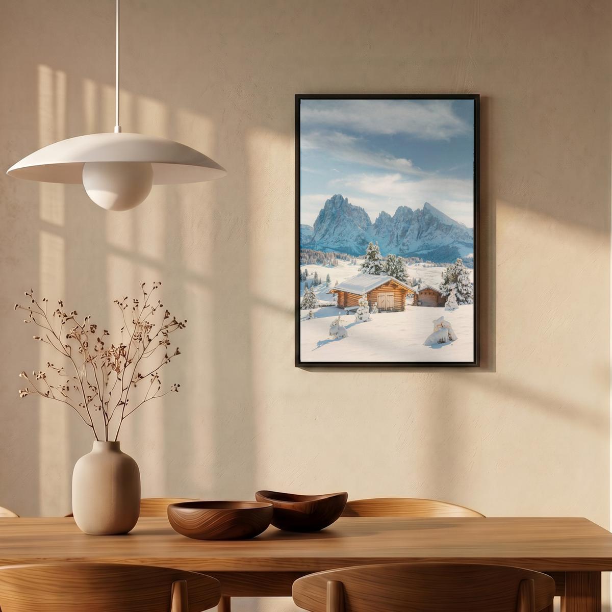 LEINWAND Bilder mit Rahmen - Winter - Hütte - Berge - Aussicht - Schnee - 40x60 - Eichefarben, Textil (40/60cm) - MuchoWow