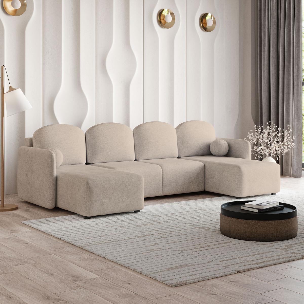 WOHNLANDSCHAFT NUBERO Beige Geflochtener Stoff mit Schlaffunktion - Beige, Holz (285/85/143cm) - MASSENO