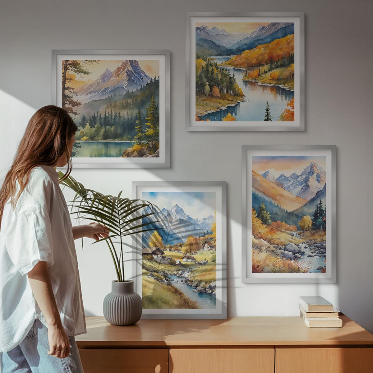 BILDER SET 4er Set - 50x50 cm & 40x60 cm Silberner Rahmen - Berglandschaft, Flusshütten - Silberfarben, Kunststoff (50/50cm) - TULUP