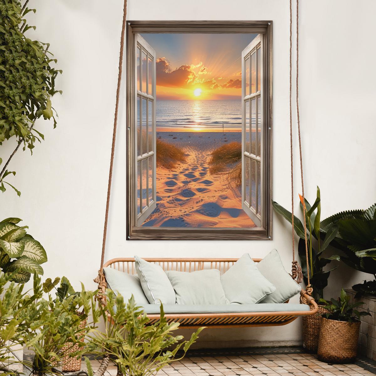 GARTENPOSTER Durchblick - Strand - Dünen - Sonnenuntergang Bild 120x180 cm - Orange, Kunststoff (120/180/0.2cm) - OnlyWow
