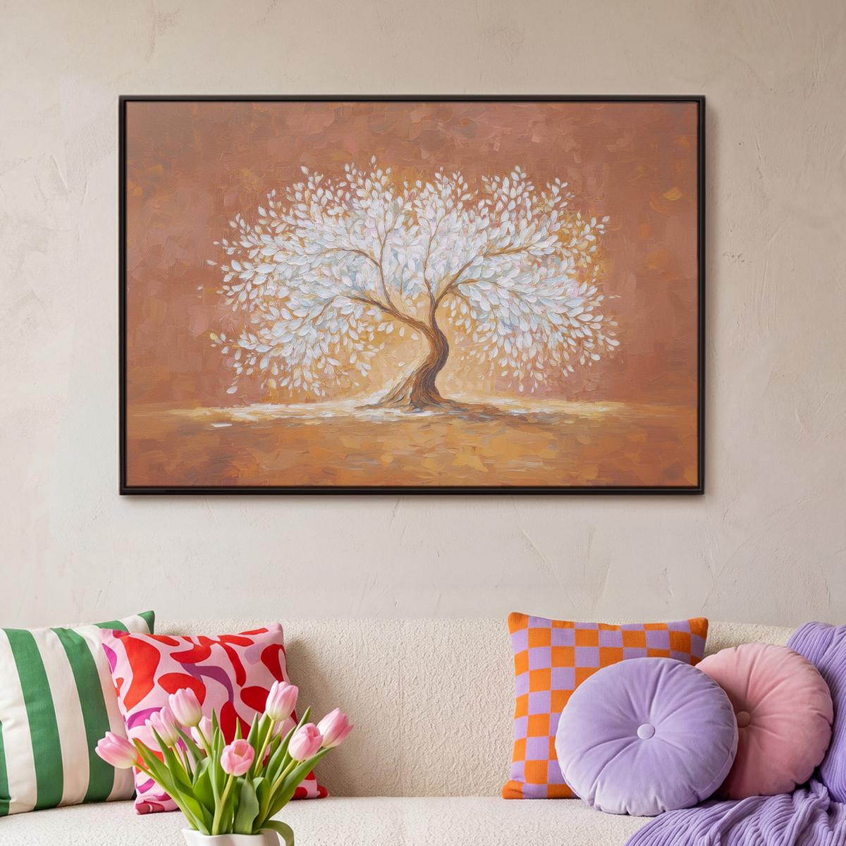 LEINWAND Bilder mit Rahmen - Abstrakt - Baum - Weiß - Blätter - 90x60 - Braun, Textil (90/60cm) - MuchoWow