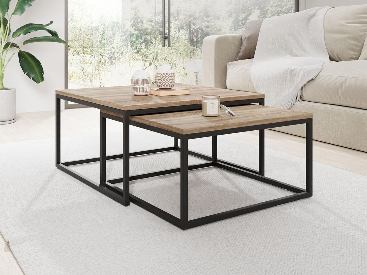 COUCHTISCHE Vella 2er-Set quadratisch, Sonoma Eiche 76/76/39cm + 66/66/34 cm - Schwarz/Sonoma Eiche, Holzwerkstoff/Metall (76/76/39cm) - WFL GROUP