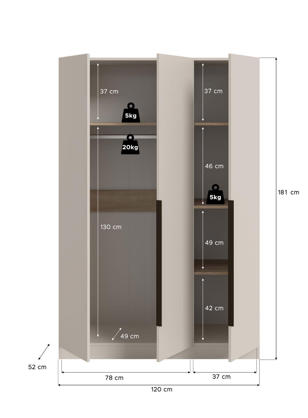 KLEIDERSCHRANK kaschmir 120 x 181 cm, Drehtürenschrank 3-türig - Kaschmir/Schwarz, Holzwerkstoff/Kunststoff (120/181/52cm) - Inn.Furn