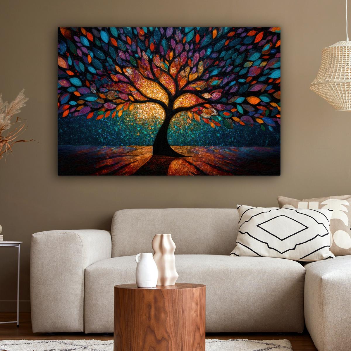 LEINWANDBILD Mosaik - Bunt - Baum - Äste Wohnzimmer Groß 120x80 cm - Multicolor, Textil (120/80cm) - MuchoWow