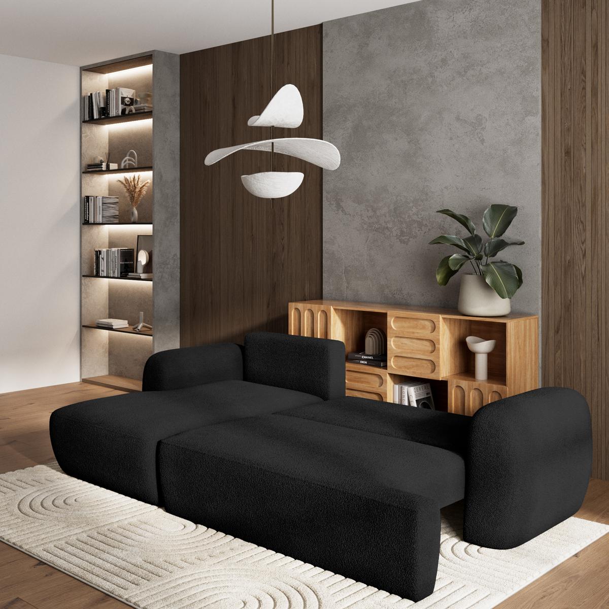 ECKSOFA MODENZA N L-S Schwarz Boucle-Stoff mit Schlaffunktion - Schwarz, Holz/Kunststoff (266/148cm) - MASSENO