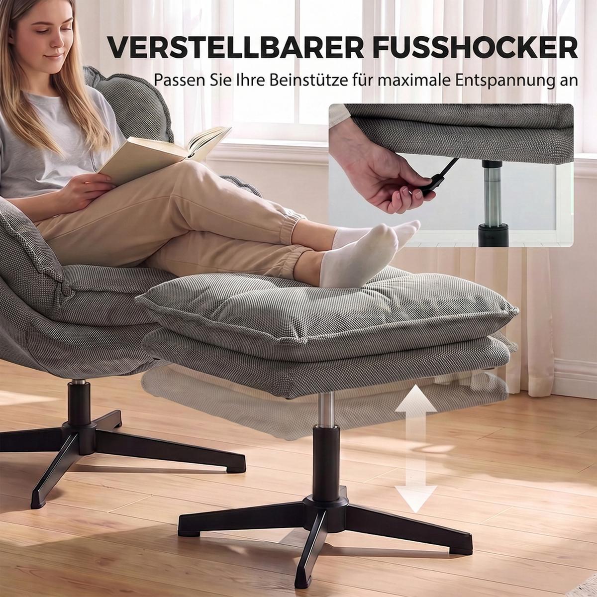 RELAXSESSEL-MIT-HOCKER Polyester Grau - Schwarz/Grau, Textil/Metall (74/85/86cm) - HOMCOM