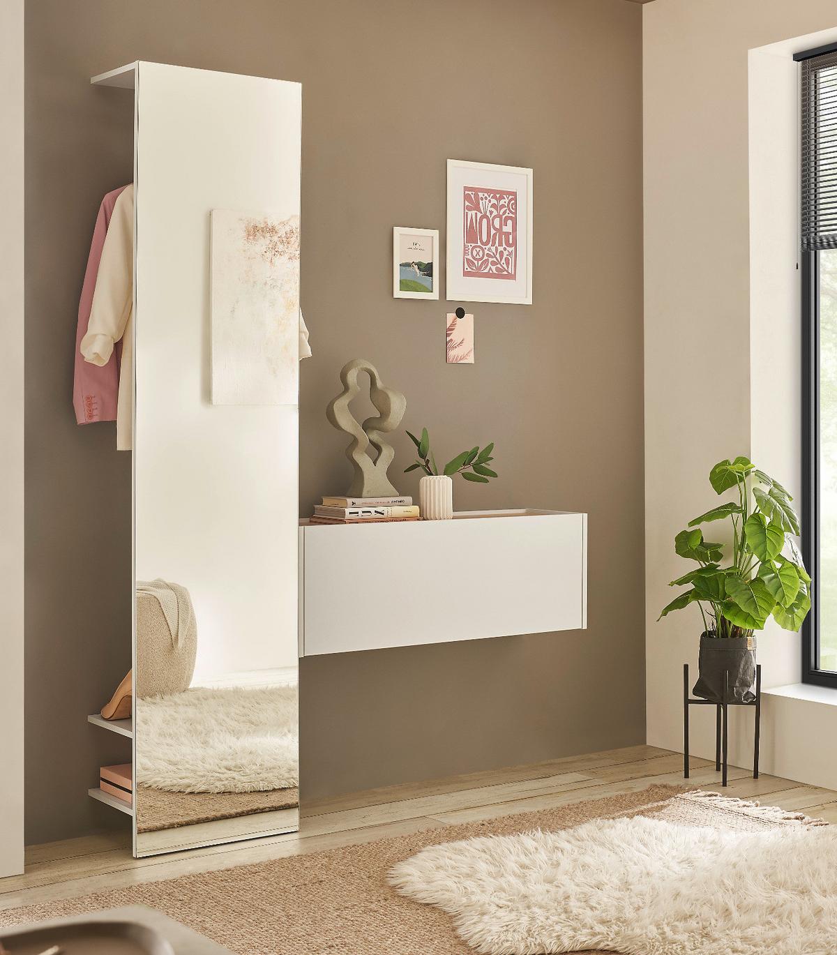 GARDEROBE weiß 50 x 200 cm, Kompaktgarderobe mit Spiegel und Kleiderstange - Schwarz/Weiß, Glas/Holzwerkstoff (50/200/30cm) - Furn.Design