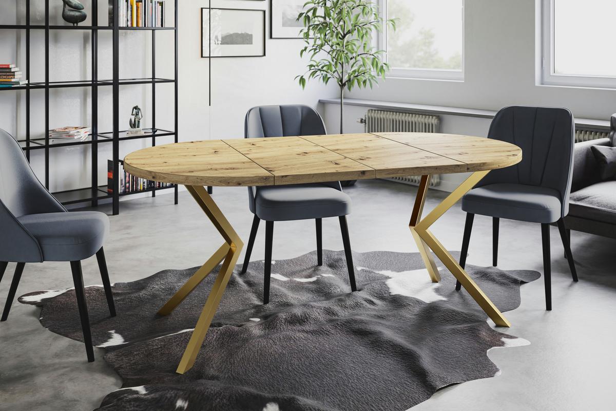 RUNDER Esszimmertisch LOFT LITEN, ausziehbarer Tisch Durchmesser: 120 cm/200 cm, Wohnzimmertisch Farbe: Mattbraun, mit Metallbeinen in Farbe Gold - Hellbraun/Goldfarben, Holzwerkstoff (120/120/76cm) - Alpi-Möbel