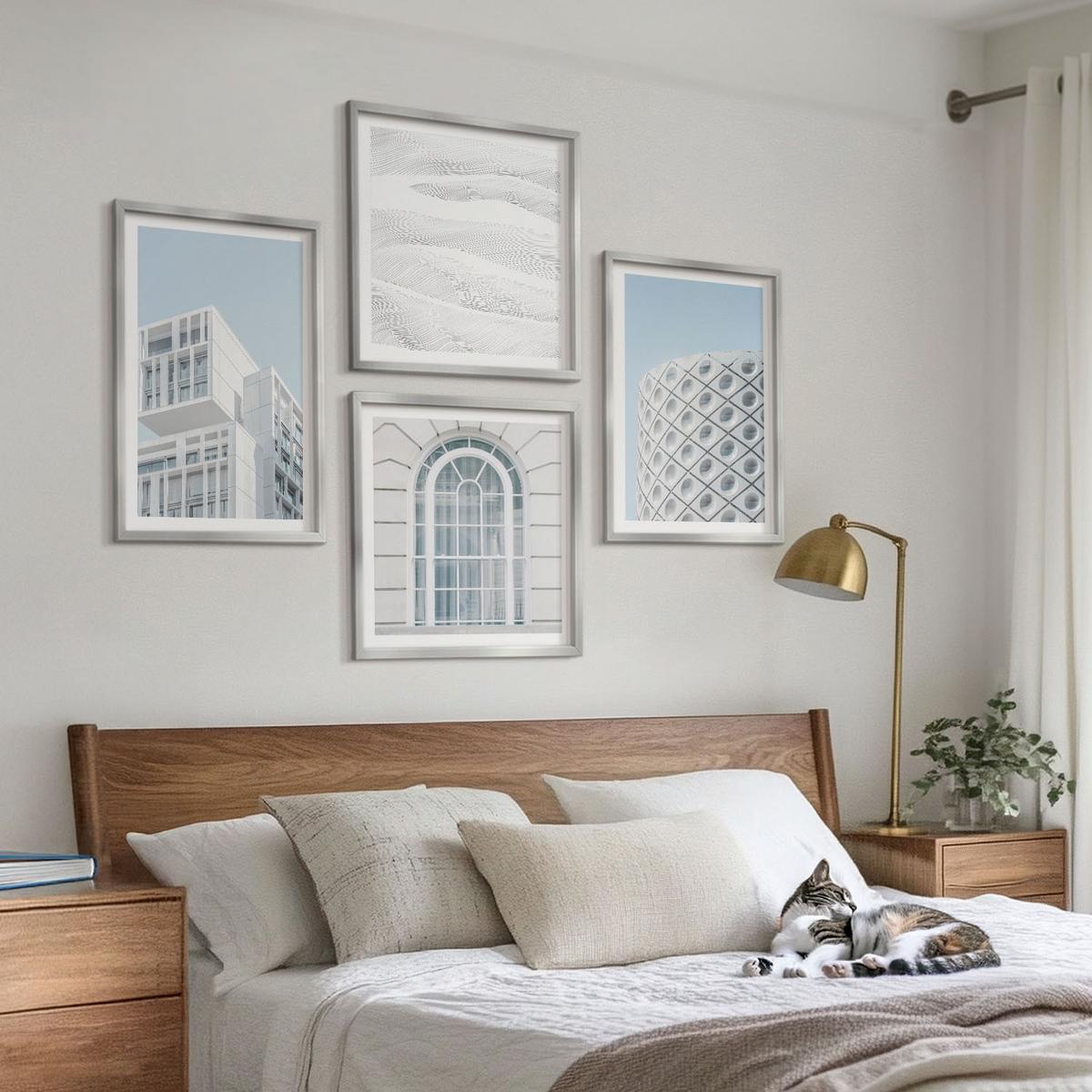 BILDER SET 4er Set - 50x50 cm & 40x60 cm Silberner Rahmen - Moderne Architekturgeometrie - Silberfarben, Kunststoff (50/50cm) - TULUP