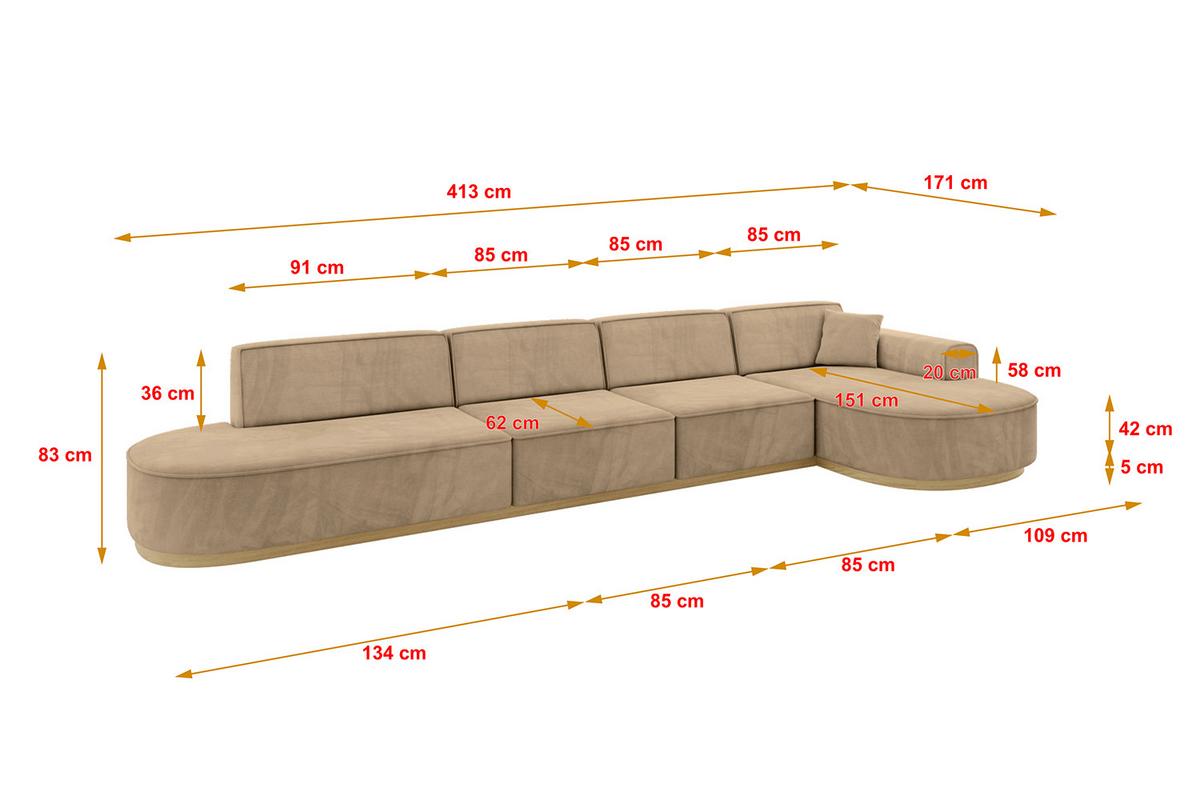 ECKSOFA Ottomane Rechts MARI-L3-v2 - 413x171x83 cm Taupe Velours - Taupe, Holzwerkstoff/Textil (171/413cm) - ALTDECOR