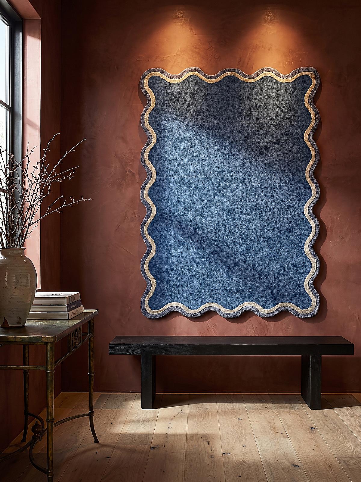 TEPPICH aus Wolle, handgetuftet, ALHAM, in Marineblau, Wellenbordüre, 160 x 230 cm - Blau, Textil (160/230cm) - KADIMA DESIGN