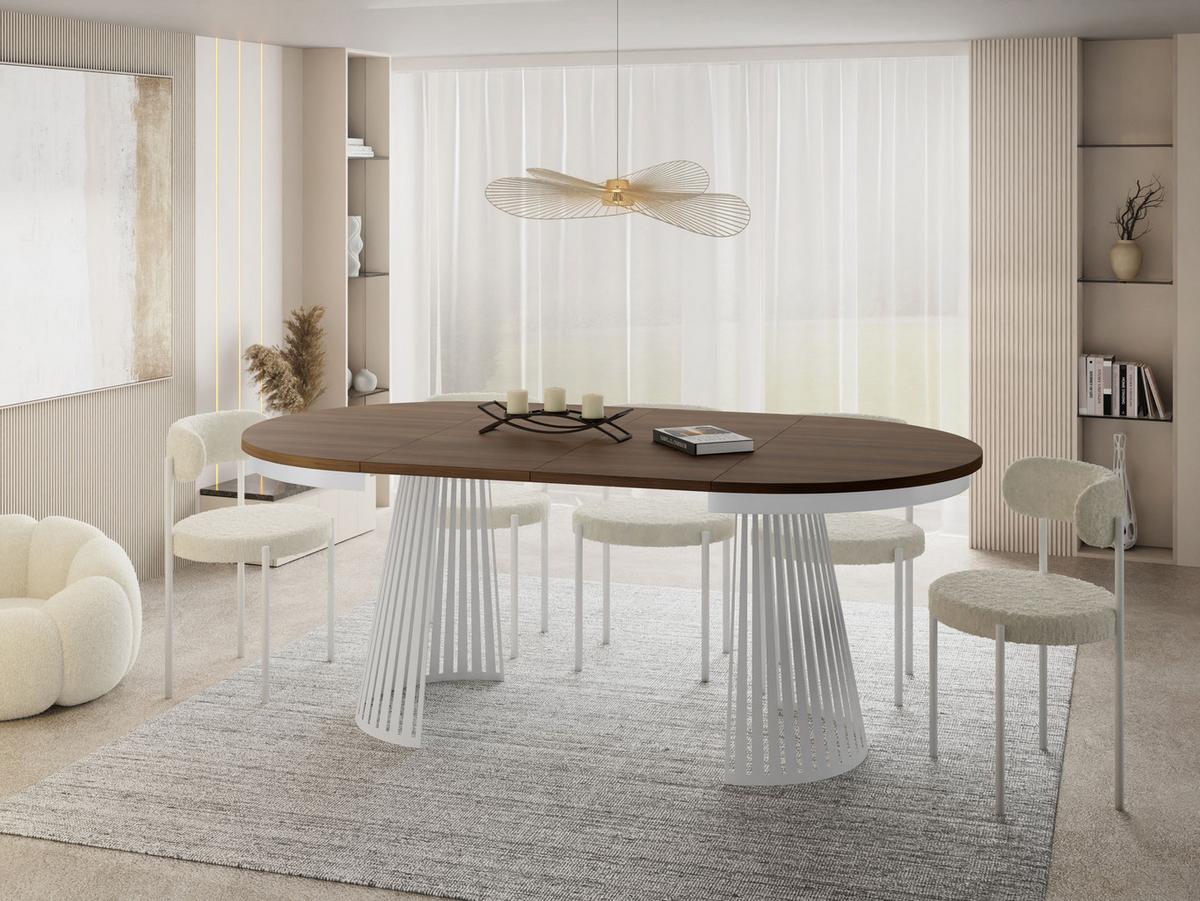 ESSTISCH Naro rund ausziehbar mit Weißem Lamellen-Metallgestell, Walnuss Braun 100-180/100/76 cm - Walnussfarben/Weiß, Holzwerkstoff/Metall (100/176/76cm) - WFL GROUP