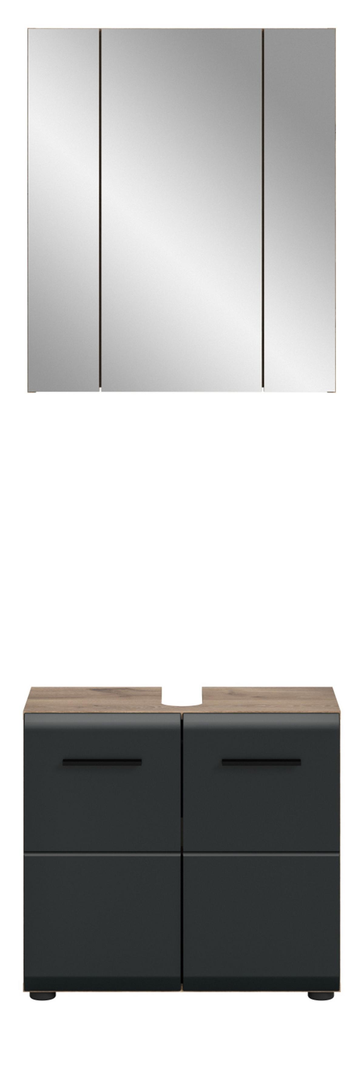 BADMÖBEL-SET 2-teilig schwarz matt, Eiche Nox, Set für Badezimmer und Gäste-WC, Breite 60 cm - Eichefarben/Schwarz, Glas/Holzwerkstoff (60/185/30cm) - Inn.Furn