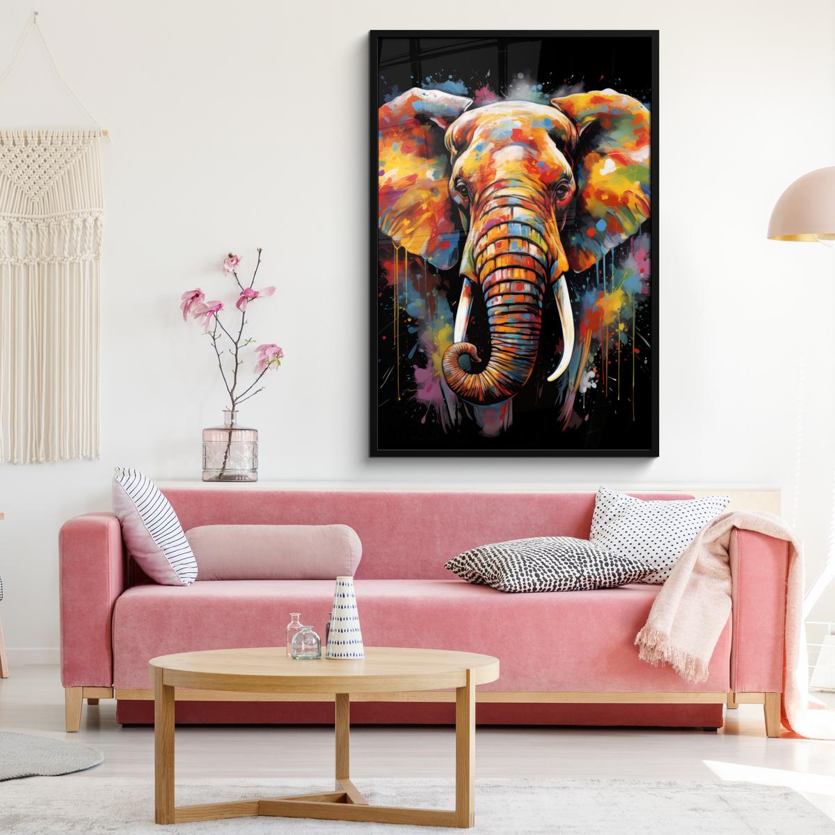 POSTER MIT RAHMEN Elefant - Graffiti - Schwarz - Tiere - Farben Bilderleiste 80x120 cm - Schwarz, Papier (80/120cm) - MuchoWow