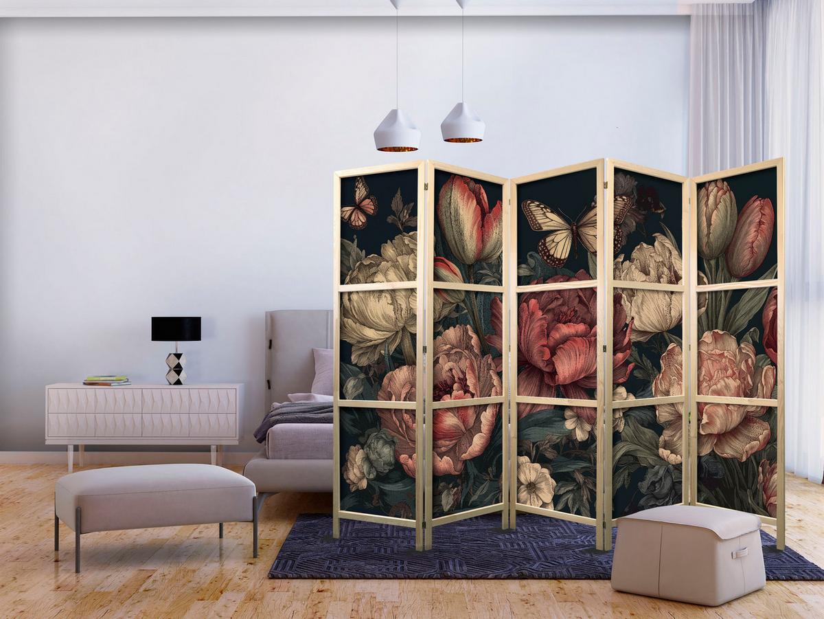 PARAVENT Japanischer 5-tlg 225x172 cm Bunte Blumen - Multicolor, Holz/Textil (225/172/3cm) - Muralo