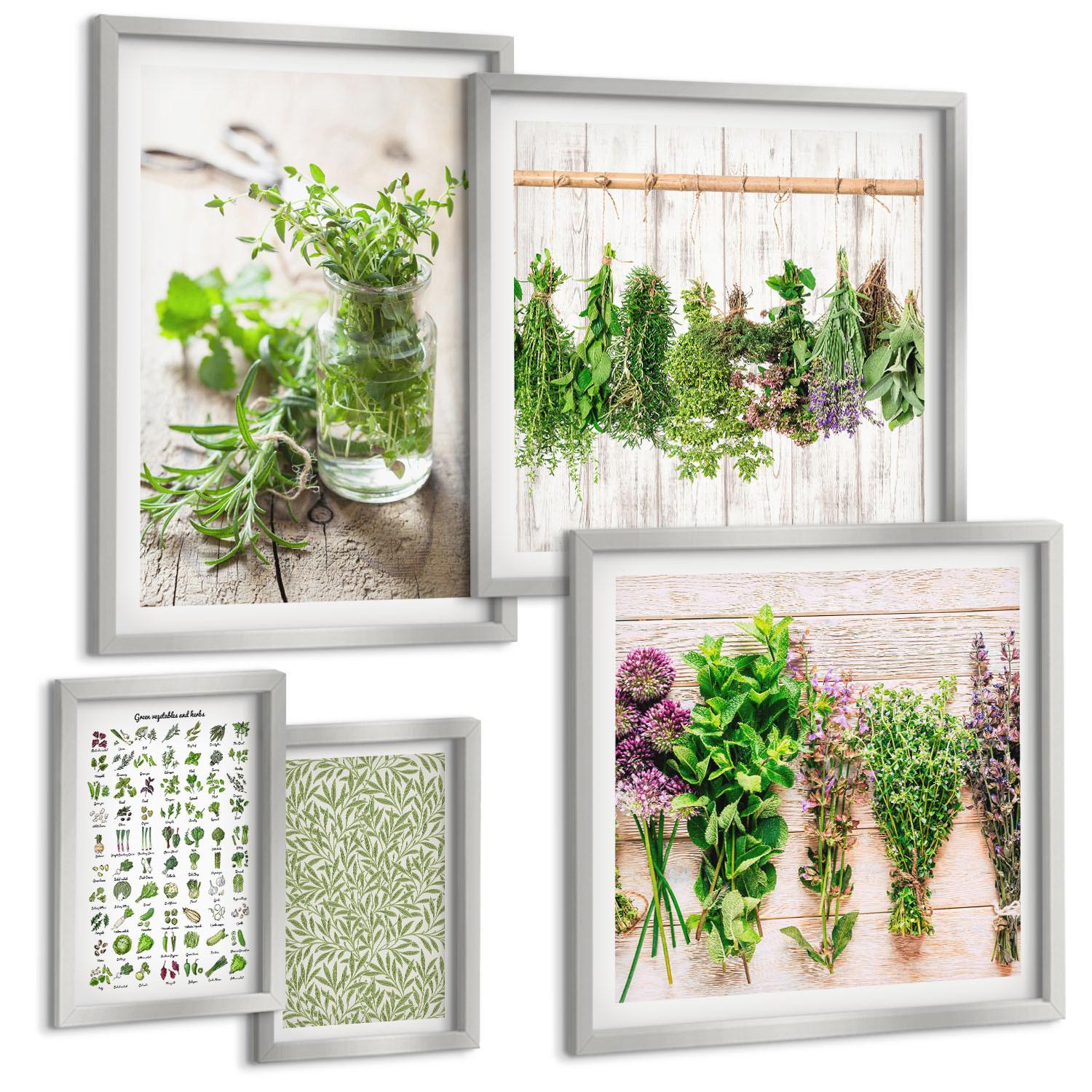 BILDER SET 5er Set - 50x50 cm & 20x30 cm & 40x60 cm Silberner Rahmen - Getrocknete Kräuter für die Küche - Silberfarben, Kunststoff (40/60cm) - TULUP