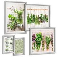 BILDER SET 5er Set - 50x50 cm & 20x30 cm & 40x60 cm Silberner Rahmen - Getrocknete Kräuter für die Küche - Silberfarben, Kunststoff (40/60cm) - TULUP