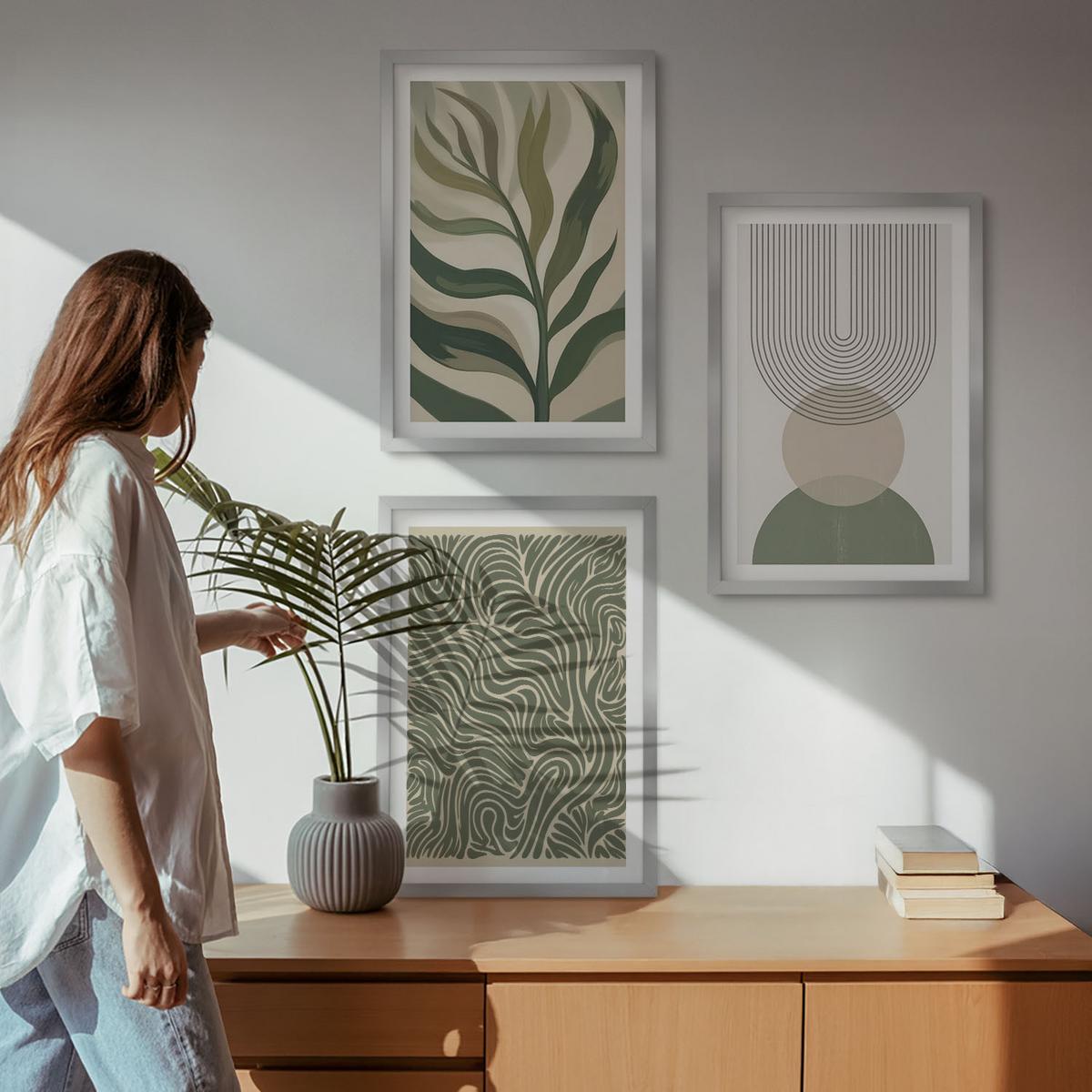 BILDER SET 3er Set - 40x60 cm Silberner Rahmen - Geometrische Blattformen - Silberfarben, Kunststoff (40/60cm) - TULUP