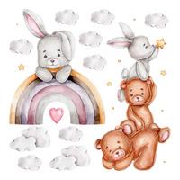 WANDAUFKLEBER 80x134cm - Hasen und Wolken - Multicolor, Kunststoff (80/134/0.1cm) - Wallfluent