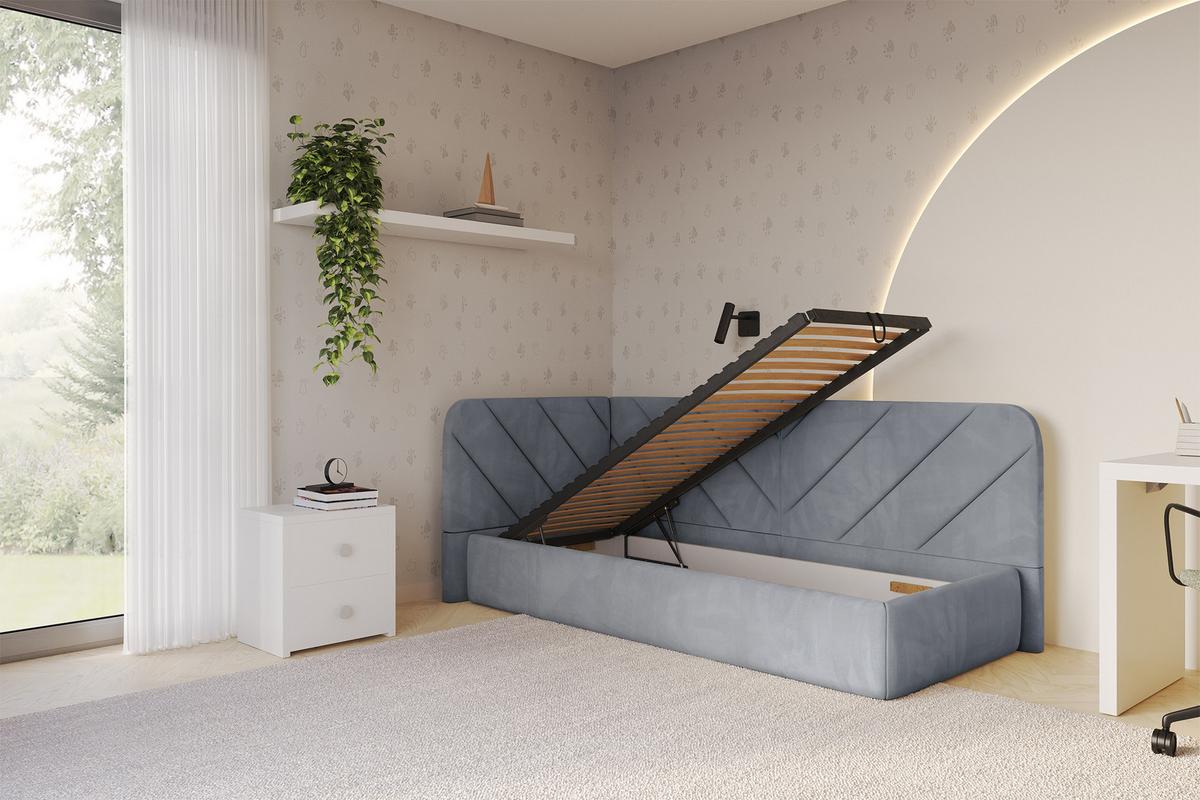 EINZELLBETT Jugendbett mit Bettkasten und Matratze H3/H4, Rechts - FIKY 90x200 Grau - Blaugrau, Holzwerkstoff/Textil (90/200cm) - ALTDECOR