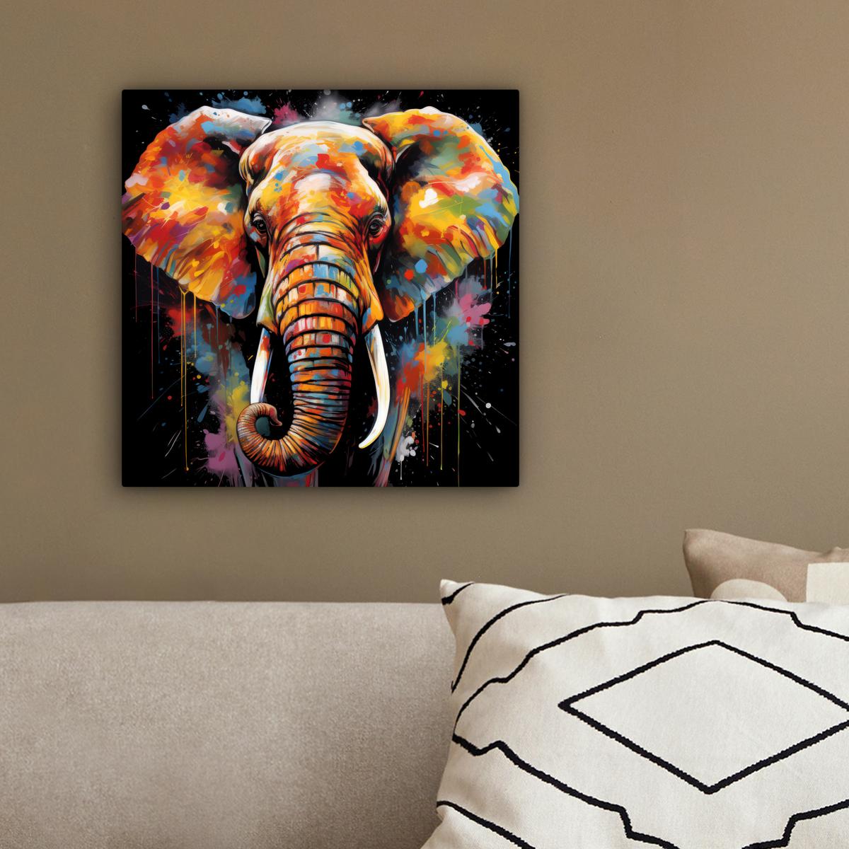 LEINWANDBILD Elefant - Graffiti - Schwarz - Tiere - Farben Deko Wohnzimmer 20x20 cm - Schwarz, Textil (20/20cm) - MuchoWow