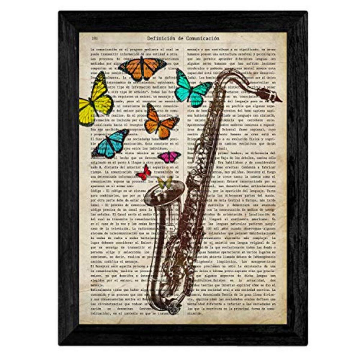 POSTER Set mit 4 Violin und Saxon mit Musikdefinitionen, Emotionen, Kommunikation, Vergnügen A4 Schwarzer Rahmen - Schwarz, Papier (29.7/3cm) - Nacnic