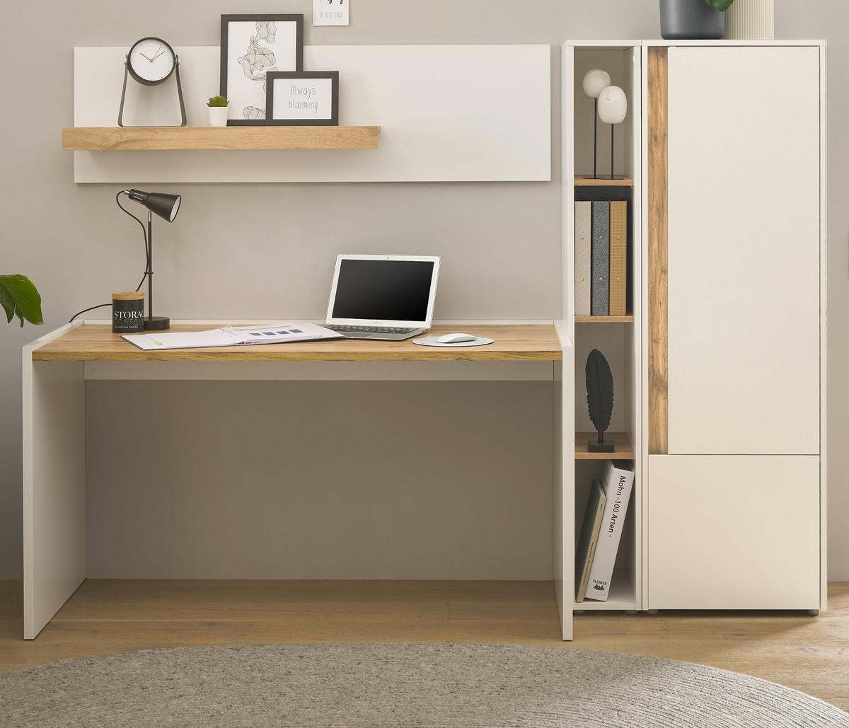 SCHREIBTISCHKOMBINATION 4-teilig weiß matt, Eiche Wotan 213 cm, Büromöbel Set mit viel Stauraum - Eichefarben/Eiche Wotan, Holzwerkstoff/Kunststoff (62/213/155cm) - Furn.Design