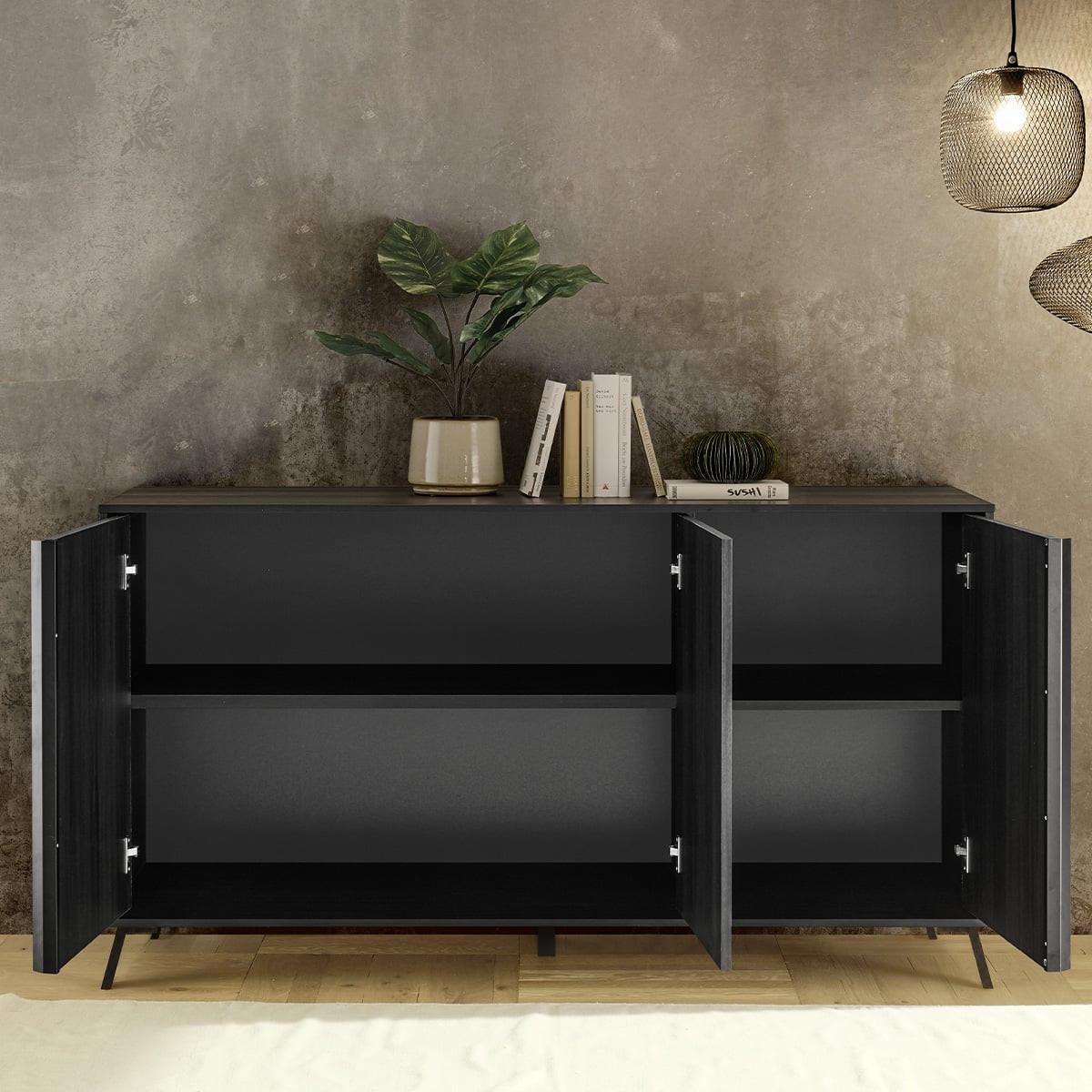 SIDEBOARD mit 3 Türen L156 cm - City - Schwarz, Holzwerkstoff (40/84/6.5cm) - Calicosy