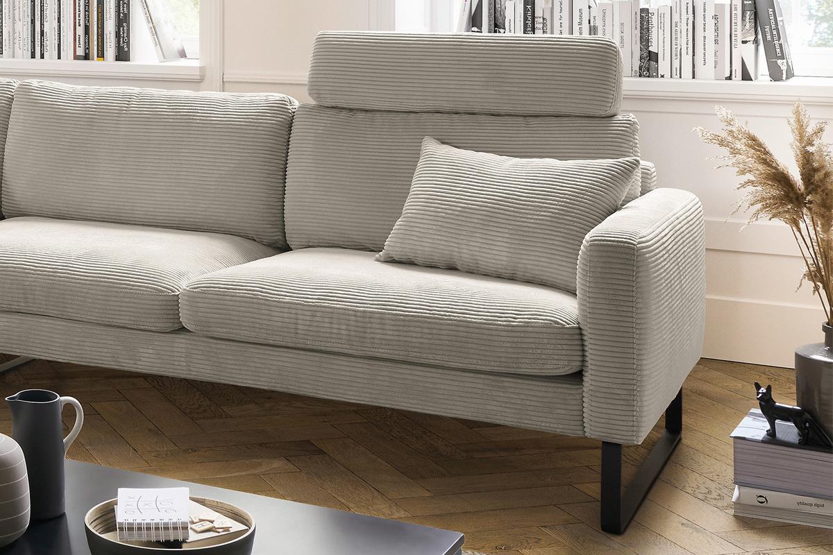 ECKSOFA RICARDA Granit Cord - Greige/Schwarz, Textil/Metall (298/154cm) - KAWOLA