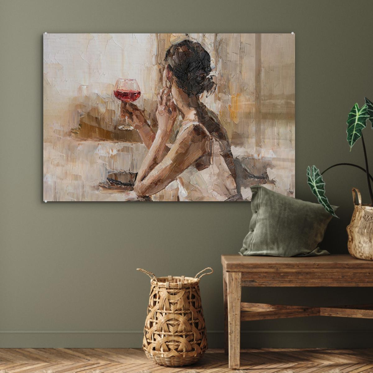 ACRYLGLASBILD Ölgemälde - Frau - Wein Wandbild Schlafzimmer 120x80 cm - Hellbraun, Glas (120/80cm) - MuchoWow