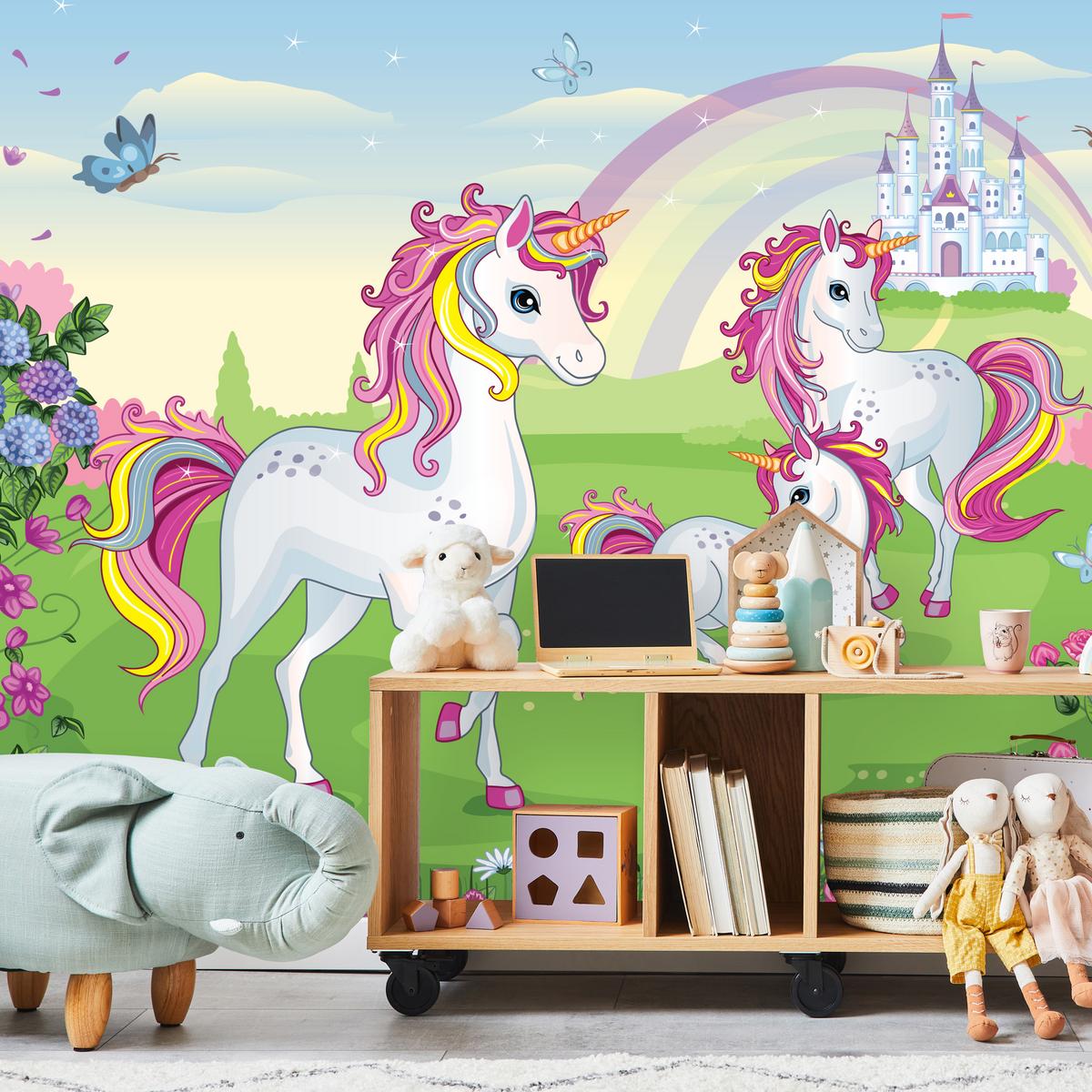 FOTOTAPETE für Kinderzimmer Einhorn Schloss Blumen Märchen 450x315 - Gelb/Violett, Papier (450/315cm) - Muralo